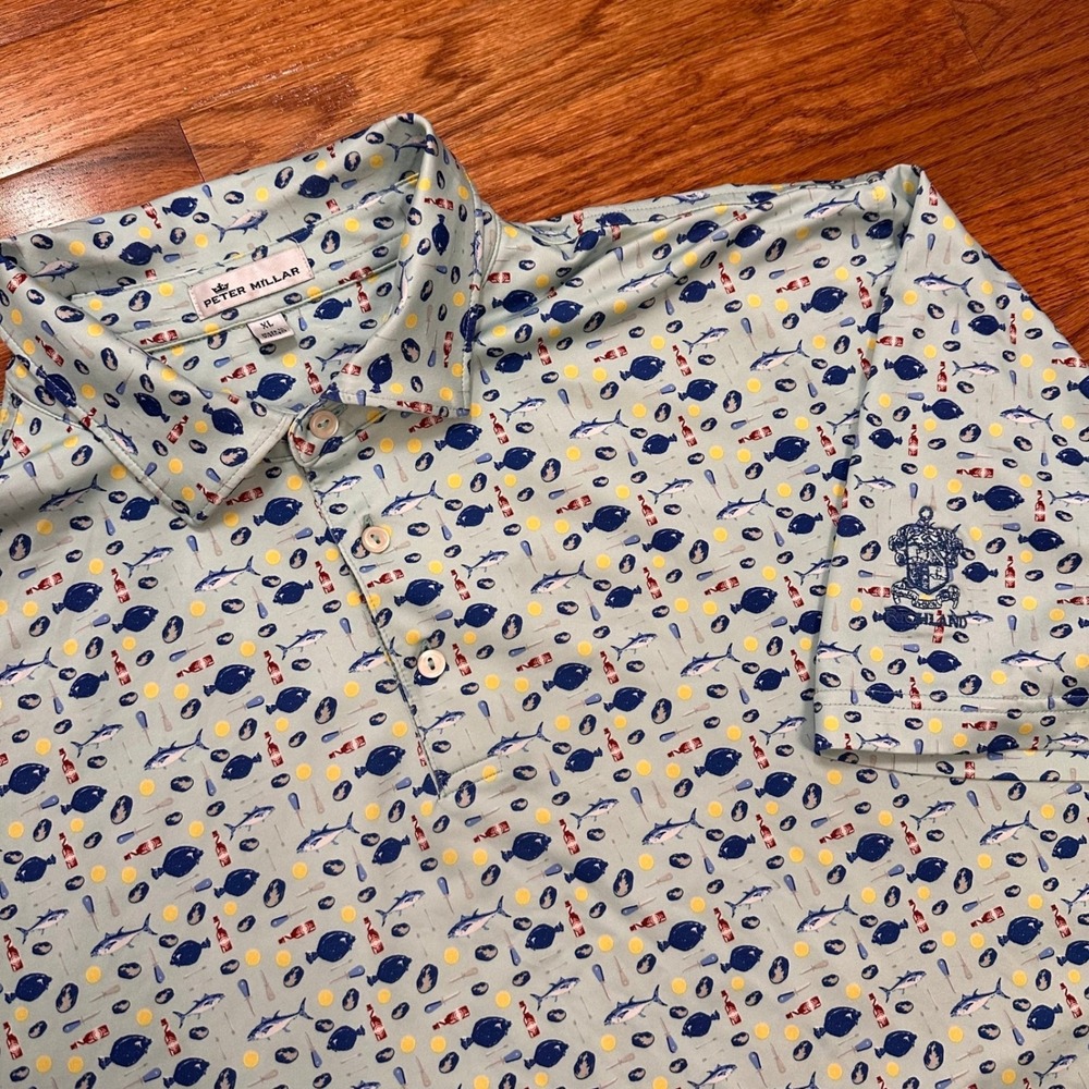 Peter Millar Golf Polo Shirt Mens XL AOP Fish Hot Sauce‎ Print Richland Stretch